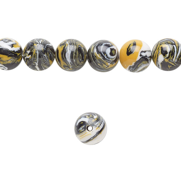 Bead, resin, black / white / dark yellow, 8mm round. Sold per 15-1/2" to 16" strand. image number 0