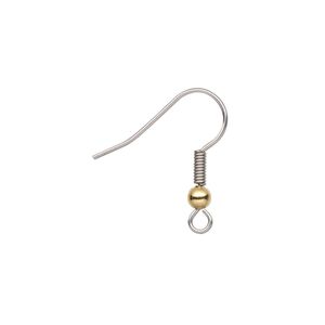 Ear wire fishhook 1pkg20 gold-plated, 20mm / 3mm ball / 4.5x2mm coil / open loop, 21 gauge brass / stainless steel 10 pair