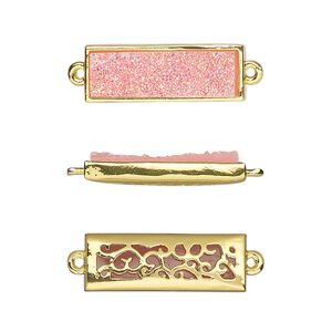 Link, Druzylite™, "druzy" (resin) and gold-finished brass, pink, 21x8mm two-sided rectangle with open filigree back. Sold per pkg of 4.