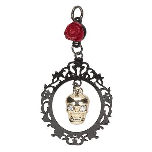 Focal, black-finished and gold-finished "pewter" (zinc-based alloy) / steel / resin, black / gold / red, 40x23.5mm framed skull with rose link. Sold individually.
