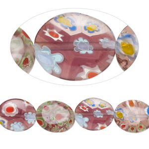 Bead, millefiori glass, translucent dark plum and multicolored, 12x10mm puffed oval. Sold per 15-inch strand, approximately 35 beads.