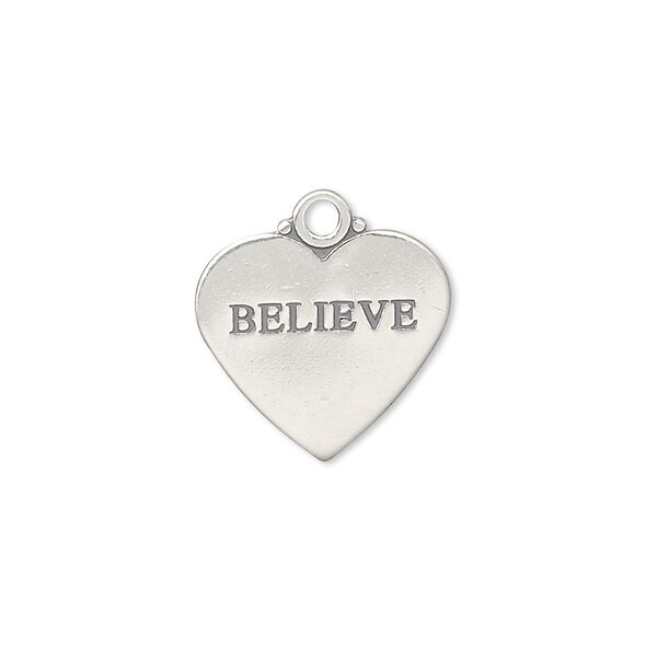 Charm, antiqued sterling silver, 17x15mm double-sided heart with "BELIEVE." Sold individually. image number 0