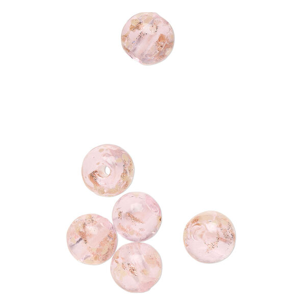 Bead, lampworked glass, clear / pink / glow-in-the-dark / gold, 8mm round. Sold per pkg of 6. image number 0