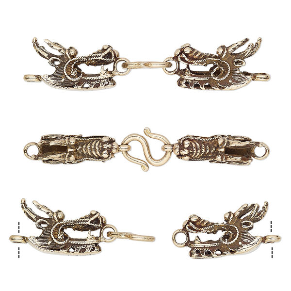 Clasp, S-hook, antiqued golden bronze, 58x14mm double dragon head. Sold individually. image number 0
