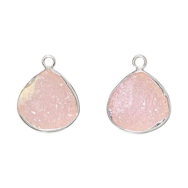 Drop, druzy agate (dyed) and sterling silver, pink, 15x15mm single-sided teardrop. Sold per pkg of 2. image number 0