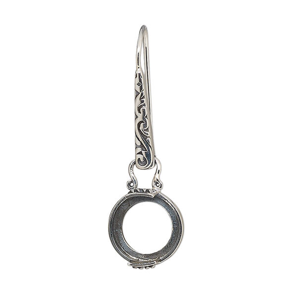Earring, antiqued sterling silver, 35mm fishhook with flourish and marquise design and open back with 10mm 2-prong round cabochon setting. Sold per pair. image number 0
