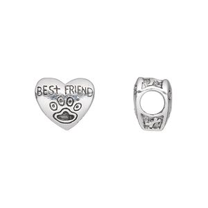 Bead, antique silver-plated pewter (tin-based alloy), 12.5x11mm double-sided heart with "BEST FRIEND" and paw print. Sold individually.