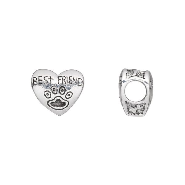 Bead, antique silver-plated pewter (tin-based alloy), 12.5x11mm double-sided heart with "BEST FRIEND" and paw print. Sold individually. image number 0