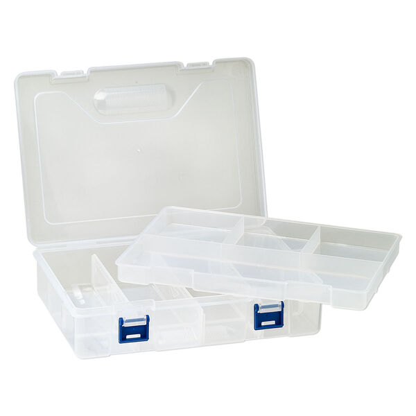 Organizer, plastic, frosted clear and blue, 8-3/4 x 6 x 2-1/4 inch rectangle with 8 compartments and removable tray with hang tab. Sold individually. image number 1
