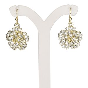 Earring, glass rhinestone with gold-finished brass and "pewter" (zinc-based alloy), clear, 28mm with flower and fishhook ear wire. Sold per pair.