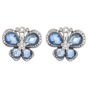 Charm, antique silver-finished "pewter" (zinc-based alloy) and glass, blue and clear, 27x20mm single-sided butterfly. Sold per pkg of 2.