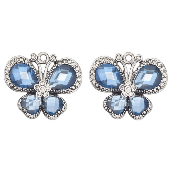 Charm, antique silver-finished "pewter" (zinc-based alloy) and glass, blue and clear, 27x20mm single-sided butterfly. Sold per pkg of 2. image number 0