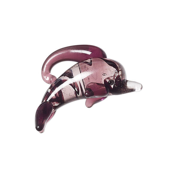 Drop, lampworked glass, clear / black / purple, 29x17mm 3D dolphin. Sold individually. image number 0