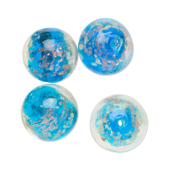 Bead, lampworked glass, clear / blue / glow-in-the-dark / gold, 14mm round. Sold per pkg of 4. image number 0