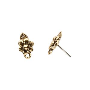 Earstud 1pkg2 gold-plated / pewter (tin-based alloy), 10x8mm flower / closed loop, stainless steel / antiqued 1 pair