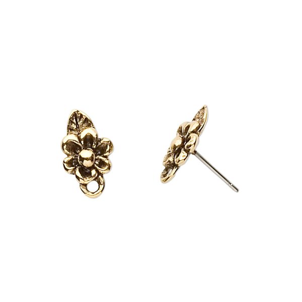 Earstud 1pkg2 gold-plated / pewter (tin-based alloy), 10x8mm flower / closed loop, stainless steel / antiqued 1 pair image number 0