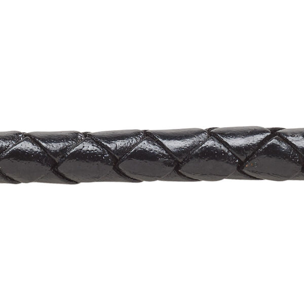 Bolo cord, leather (dyed), black, 8-9mm braided round. Sold per 5-foot section. image number 0