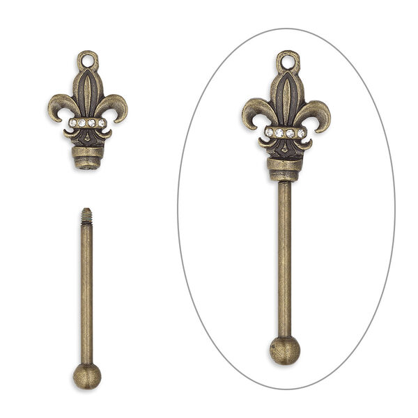 Focal, bead pin, glass rhinestone / antique brass-finished brass / "pewter" (zinc-based alloy), clear, 55x16.5mm single-sided fleur-de-lis with twist-off head, 30mm beadable length. Sold individually. image number 0