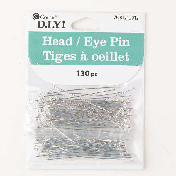 Head pin and eye pin assortment, steel, pkg/130, silver finish, 2 inches, 22 gauge. image number 0