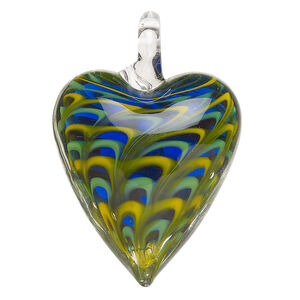 Focal, lampworked glass 1pkg1, translucent and opaque multicolored, 42x29mm-44x31mm single-sided heart with swirl design.