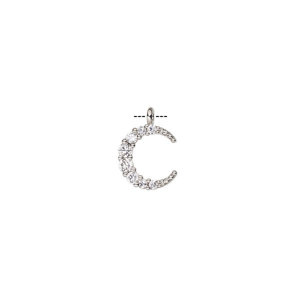 Charm, cubic zirconia and silver-finished brass, clear, 10x8.5mm single-sided moon. Sold individually. image number 0