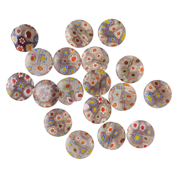Bead, millefiori glass, pkg/18, 12mm puffed flat round, translucent purple and multicolored. image number 0