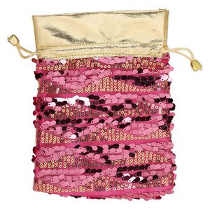 Pouch, nylon / plastic sequins / gold-coated plastic, gold and pink, 7-1/2 x 5-3/4 inches with drawstring. Sold individually.