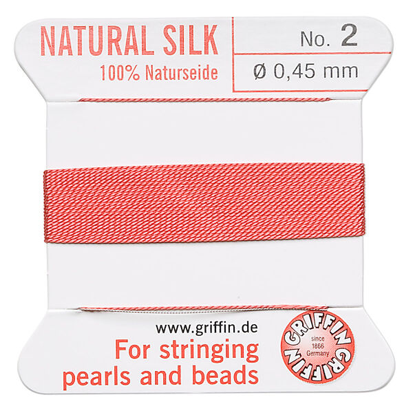Thread, Griffin, silk, coral, size #2. Sold per 2-meter card (approximately 78 inches). image number 0