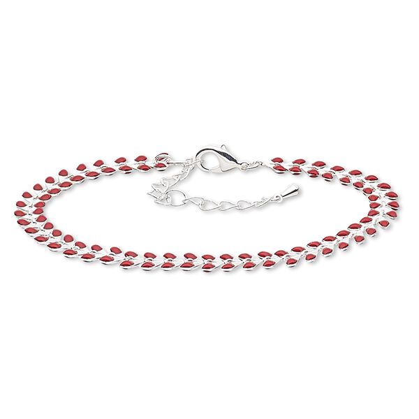 Bracelet, epoxy and silver-finished brass, red, 6.5mm wide with wreath design, 7-1/2 inches with 2-inch extender chain and lobster claw clasp. Sold individually. image number 0