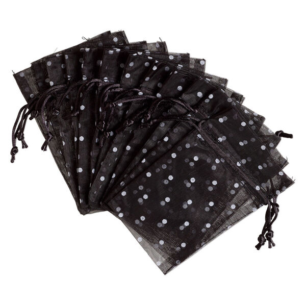 Pouch, flocked organza, black and white, 6x4 inches with dots pattern and drawstring closure. Sold per pkg of 12. image number 0