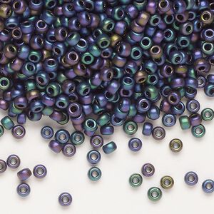 Seed bead, Miyuki, glass, pkg/50g, #8 rocaille, opaque matte metallic iris eggplant (RR-2073).