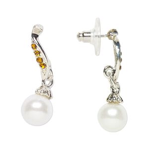 Earring, Everyday Jewelry, antique silver-finished "pewter" (zinc-based alloy) / glass / acrylic pearl, orange and white, 32mm. Sold per pair.