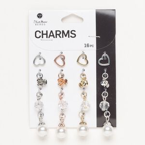 Charm assortment, gold- / silver- / antique silver- / rose gold-finished "pewter" (zinc-based alloy) / steel /acrylic, clear and white pearl, 9x8mm-17x10mm mixed shapes. Sold per pkg of 16.