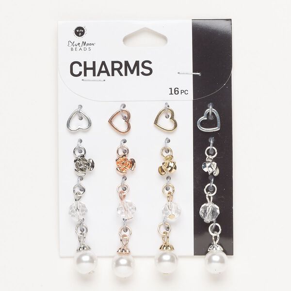 Charm assortment, gold- / silver- / antique silver- / rose gold-finished "pewter" (zinc-based alloy) / steel /acrylic, clear and white pearl, 9x8mm-17x10mm mixed shapes. Sold per pkg of 16. image number 0