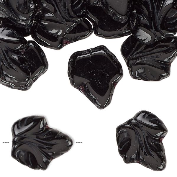 Bead, Czech pressed glass, opaque black, 16x14mm textured leaf. Sold per 2-ounce pkg, approximately 45 beads. image number 0