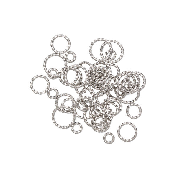 Jump ring mix, stainless steel, 6-12mm twisted round, 3.4-9.5mm inside diameter, 16 gauge. Sold per pkg of 50. image number 0
