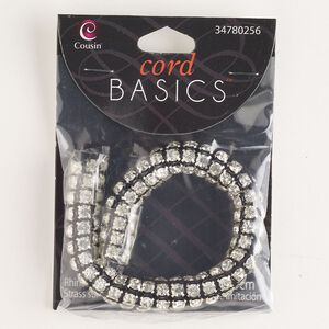 Cord, silver-finished brass and glass, black and clear, 10mm round. Sold per pkg of 7-1/2 inches.