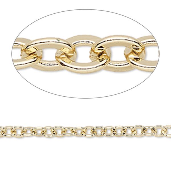 Chain, gold-finished brass, 4mm flat cable. Sold per pkg of 5 feet. image number 0