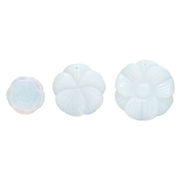 Drop mix, sea "opal" (glass), translucent clear, 23x22mm-40x39mm top-drilled carved flower, Mohs hardness 6 to 6-1/2. Sold per pkg of 3. image number 0