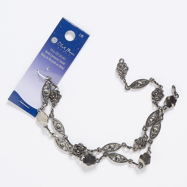 Necklace component, gunmetal-finished "pewter" (zinc-based alloy) and steel, 10mm wide with rose and marquise with cutout rose, 14 inches. Sold individually. image number 0