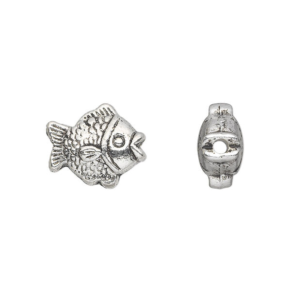 Bead, antique silver-plated "pewter" (zinc-based alloy), 15x13mm puffed fish. Sold per pkg of 10. image number 0