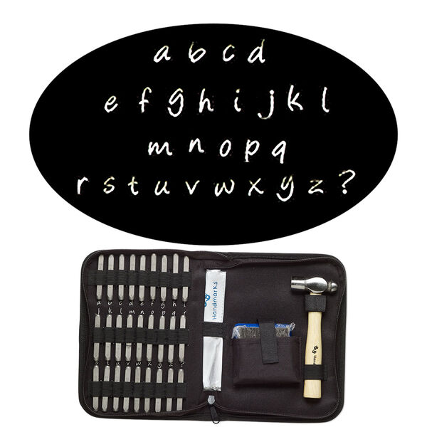Stamp punch set, steel / wood / fabric, black, alphabetical lowercase letters a-z and "?" symbol, includes ball peen hammer and steel block. Sold per 31-piece set. image number 0