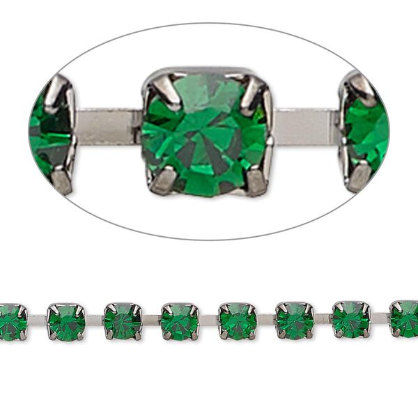 Cupchain, glass rhinestone and gunmetal-plated brass, emerald green, 4mm round. Sold per pkg of 1 meter, approximately 160 cups. image number 0