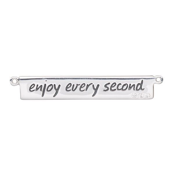 Focal, sterling silver / cubic zirconia / enamel, clear and black, 34x6mm single-sided flat rectangle with "enjoy every second" and 2 loops. Sold individually. image number 0