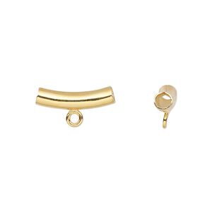 Bead, gold-plated brass, 14x4mm curved tube with loop. Sold per pkg of 20.