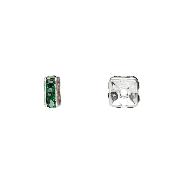 Bead, glass rhinestone and silver-plated brass, emerald green, 6x3mm squaredelle. Sold per pkg of 10. image number 0