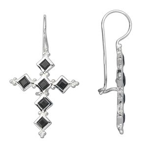 Earring, sterling silver and black onyx (dyed), 3mm faceted square, 42x24mm cross. Sold per pair.