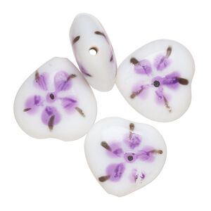 Bead, lampworked glass, opaque white / black / purple, 17-16mm puffed heart with double-sided painted flower design. Sold per pkg of 4.
