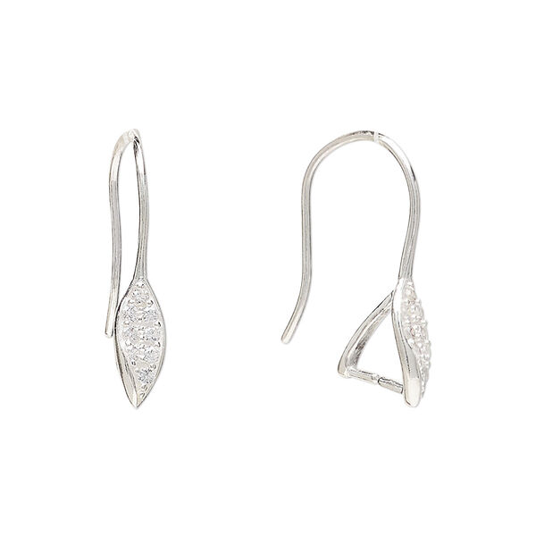 Ear wire, sterling silver and cubic zirconia, clear, 21mm hook with leaf and ice-pick bail and 5.5mm grip length, 20 gauge. Sold per pair. image number 0
