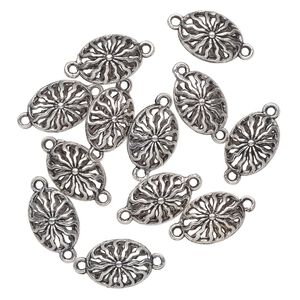 Link, antique silver-finished brass, 17.5x13mm filigree oval with sunburst pattern. Sold per pkg of 12.